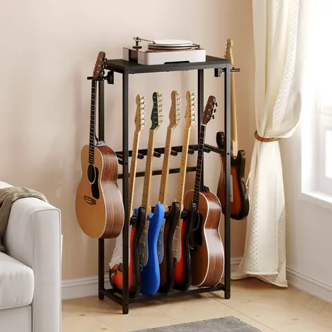 MAHANCRIS Adjustable Floor Guitar Stand - 19.7"l x 11.8"w x 46.5"h, Holds 5 Different Types of Instruments (Acoustic Guitars, Electric Guitars, Bass, Ukulele), Ample Accessory Storage, Ideal for Music Rooms, Thanksgiving Indoor Furniture Rack (Black)