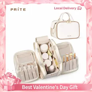 PRITE WITH FREE GIFT！ 3-in-1 Leather Multi-Functional Makeup Bag for Women – Dual-Wing Design with Free-standing Brush Holder, Large Capacity Travel Organizer with 3 Compartments, Portable for Gym & On-the-Go