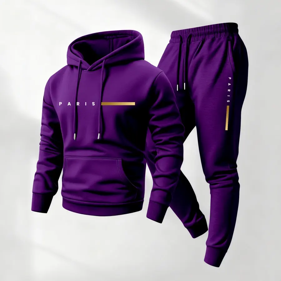 Men's Casual Fit Tracksuit, Golden Paris Graphic 2-Piece Polyester Set with Long Sleeve Hoodie and Pants, Mensfashion, Machine Wash, Daily Wear, 2Xl, 3Xl, Loose-Fitting, Male, Drawstring, Minimalist, Printed, Sporty Chic, No, Athletic Wear, Casual Ootd, G