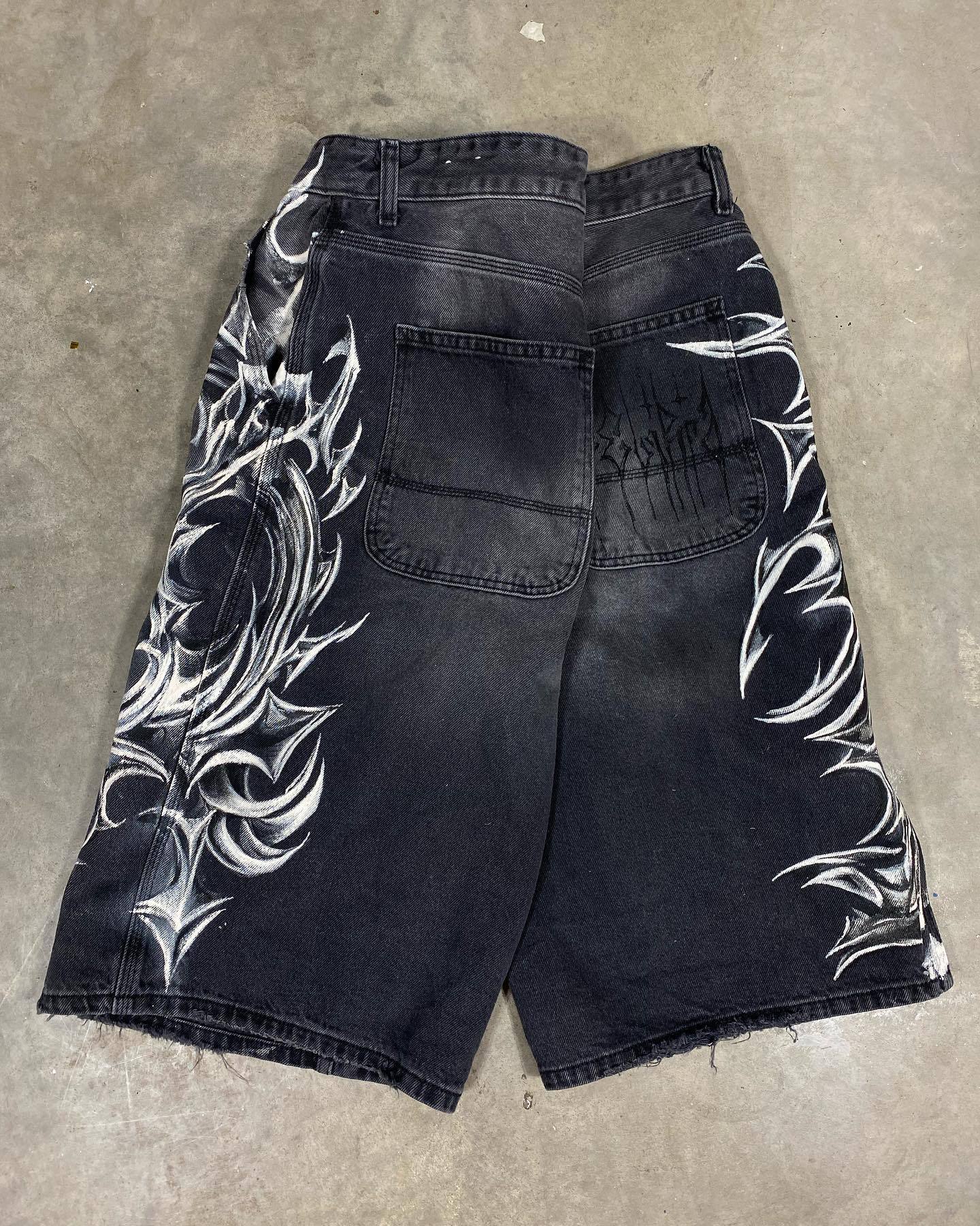 Noctra Retro Gothic Printed Denim Shorts