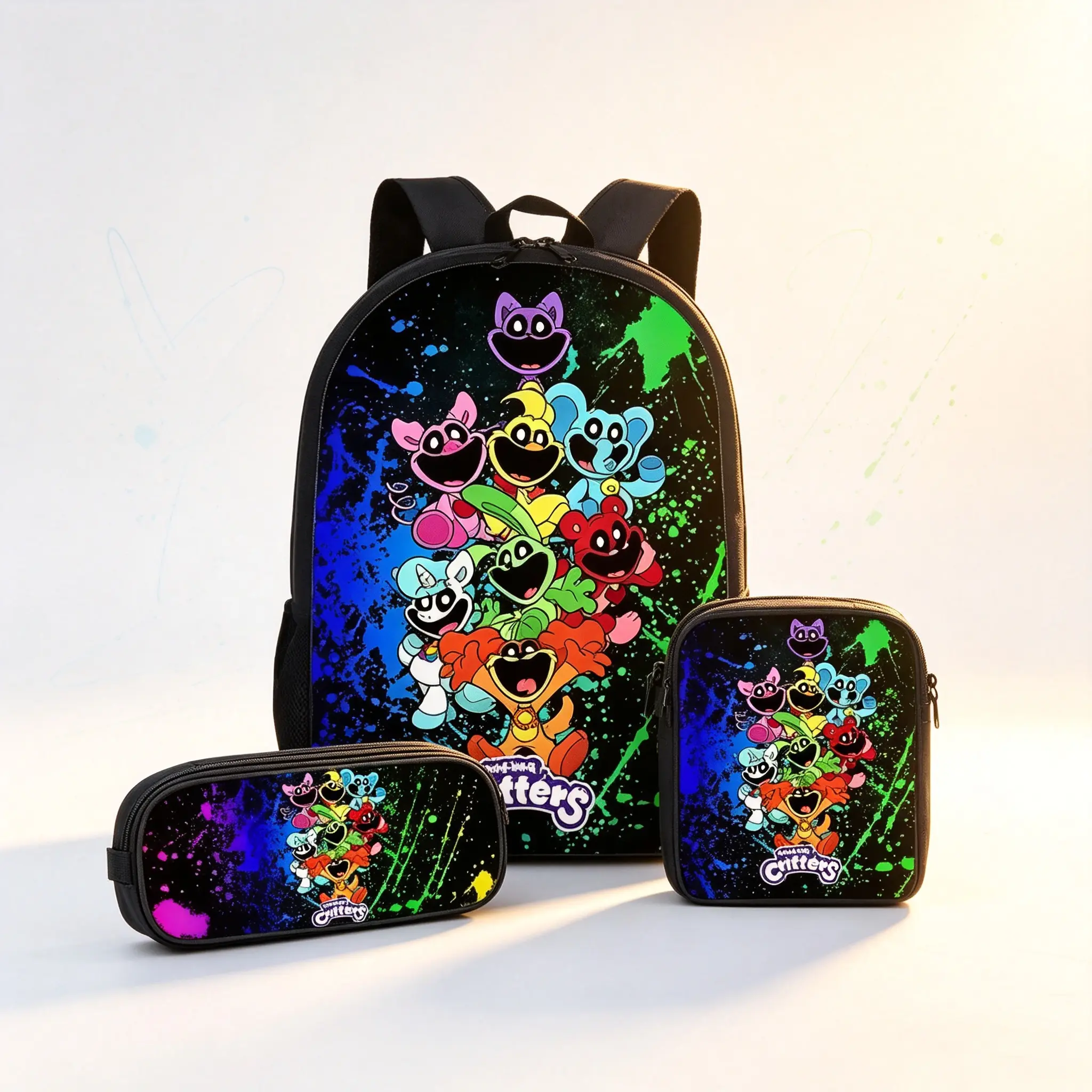 Smiling Critters 3-in-1 School Bag Set, Cartoon Laptop Backpack + Crossbody Shoulder Lunch Bag + Stationery Pencil Case, Breathable Comfort Kids Backpack for School, Outdoor Travel