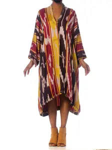 1970S Burgundy & Gold Silk Ikat Long Sleeve Unisex Kaftan With Pleated And Embroidered Neckline