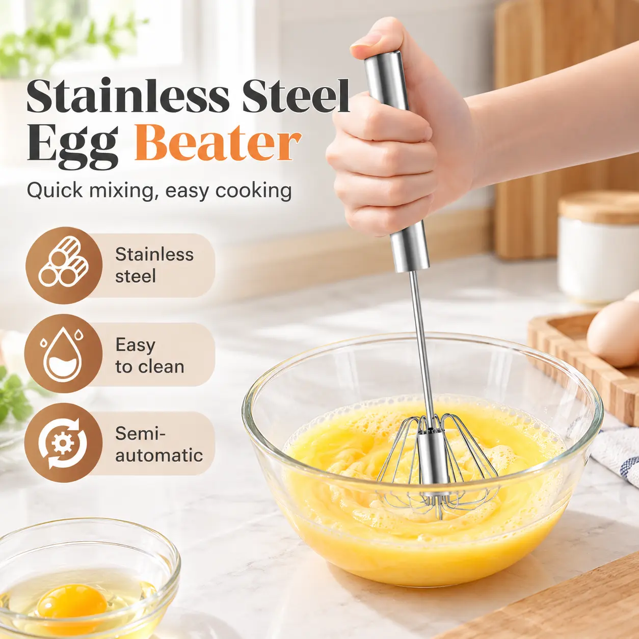 Stainless Steel Hand-Push Rotary Whisk, Food-Grade Semi-Automatic Egg Beater with Rust-Resistant Riveted Construction for Cooking, Blending, Whisking & Stirring