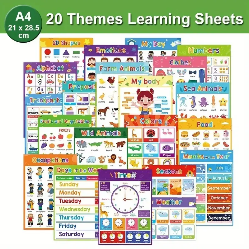 20 Educational Posters for Kids with Protective Film, Abc Letters, Numbers, Colors, Animals, Weather, Learning Materials, Teaching Supplies, Perfect for Preschool Classroom Decor