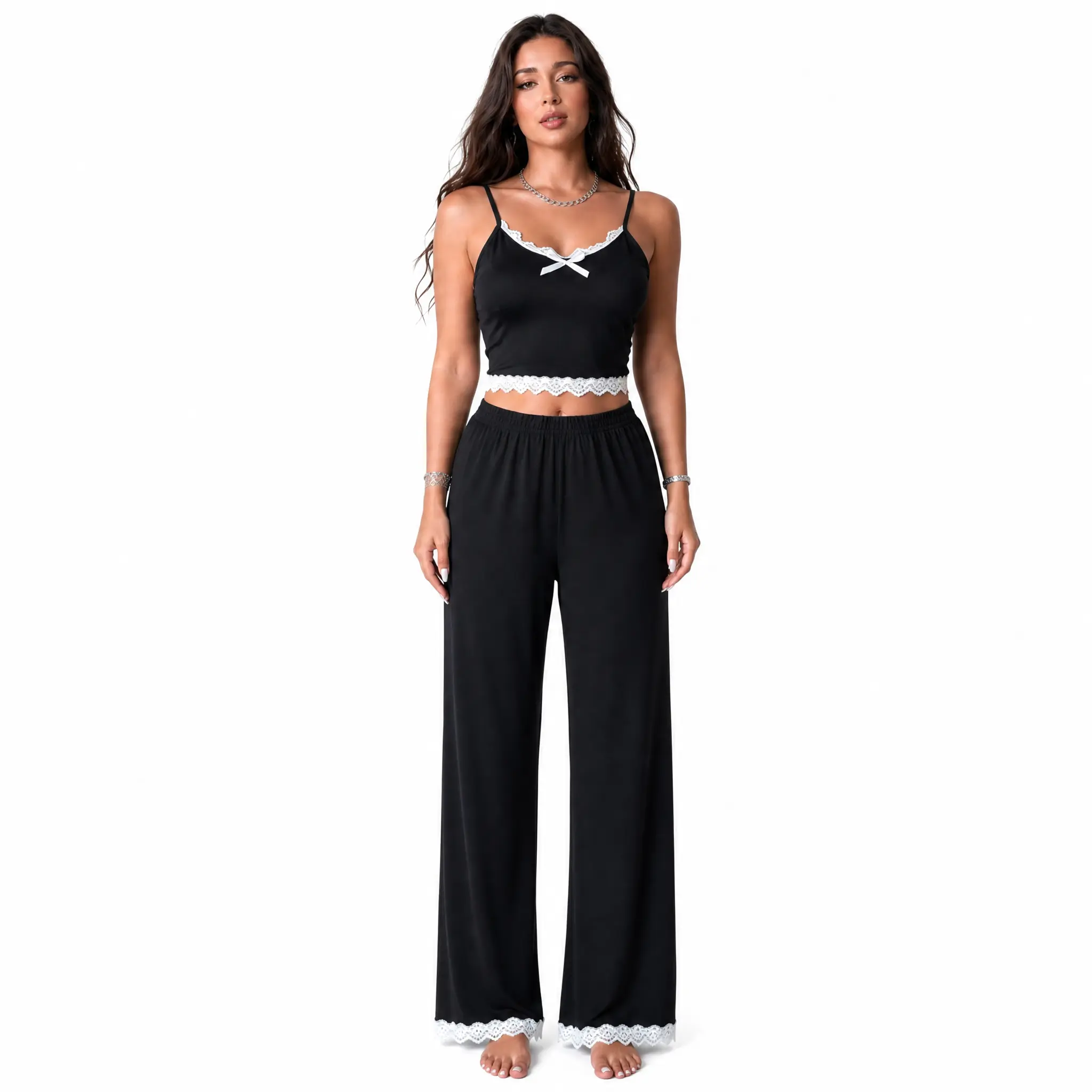 Women's Chic Wide-Leg Jumpsuit with Black Lace Trim, Cross-Back Detailing - Womenswear Romper