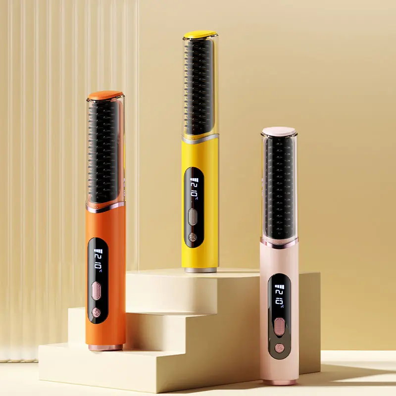 Cordless Hot Brush, Wireless Straightener for Straight to Wavy Hair, 2 in 1 Straightening & Curling Brush