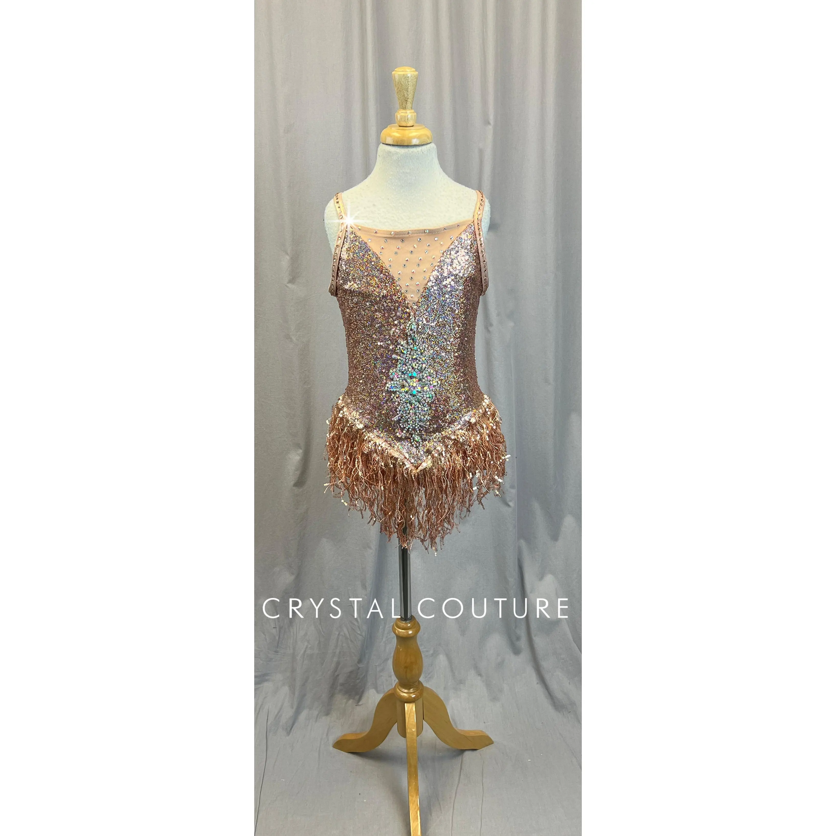 Rose Gold Sequin Leotard with a Gemstone Embellishment - Rhinestones