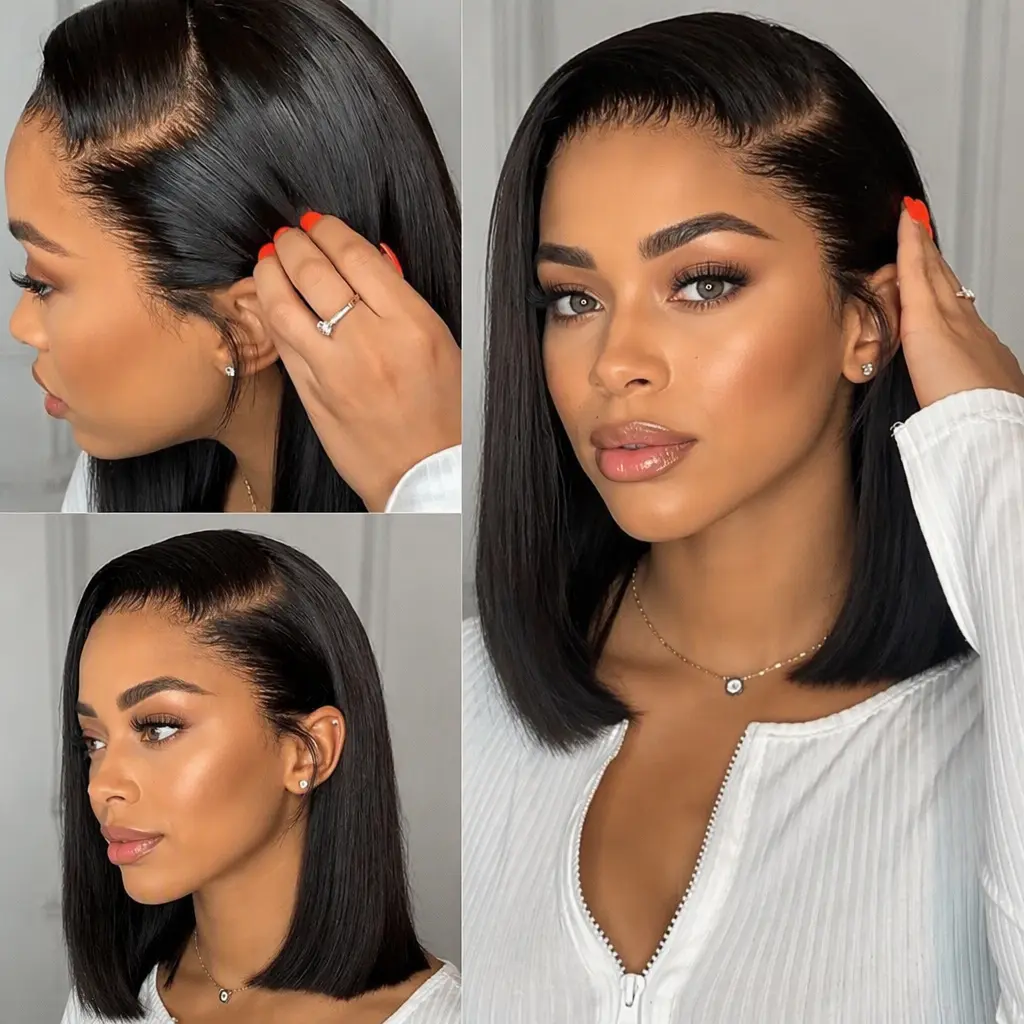 Women's 13x4 Lace Front Bob Wig, Middle Part Silky Straight Short Synthetic Full Head Natural Smooth Piece for Daily-Party Wear deep