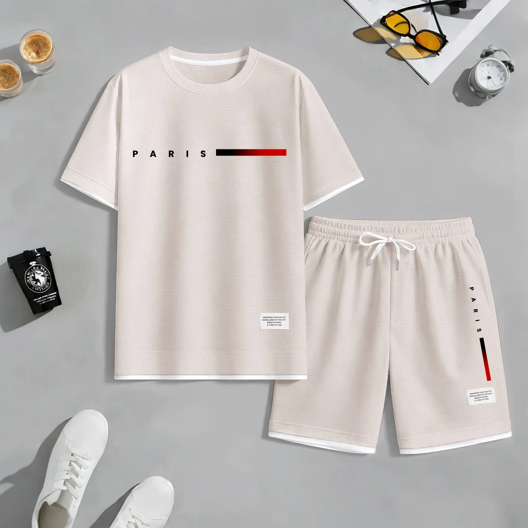 Men's Parisian print drawstring shorts set for spring/summer, a casual summer outfit including a short-sleeved shirt and shorts, suitable for everyday wear and sports. A two-piece set for a relaxed and energetic lifestyle