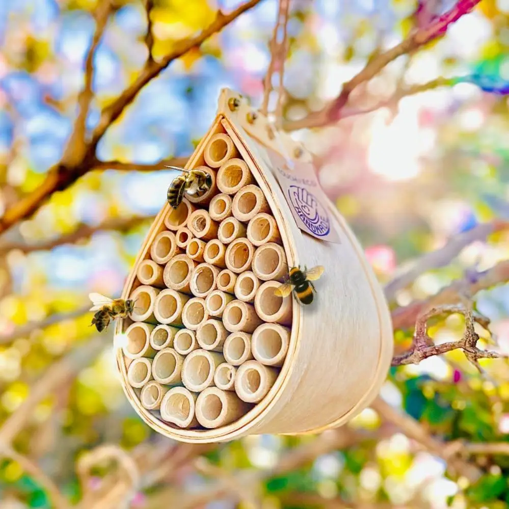 Pollinating Palace Handcrafted Eco-Friendly Wooden Hanging Bee House with Bamboo Tubes for Attracting Bees to Your Garden and Yard Enhances Outdoor Sp