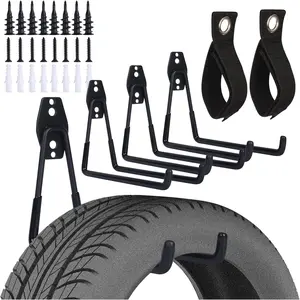 4 Pack Garage Hooks, Wall Hooks Heavy Duty, with 2 Extension Cord Storage Straps, Bike Hooks for Hanging Garage Wall, Garden Lawn Tools, Ladder, Hose Storage Rack Organizer
