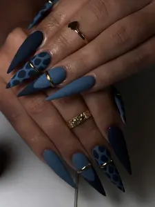 Royal Blue Leopard Press On Nails, Abstract Animal Print Nails, Soft Blue Neutral Nails, Bold Azure Blue & Matte Gold Accents Nails Set