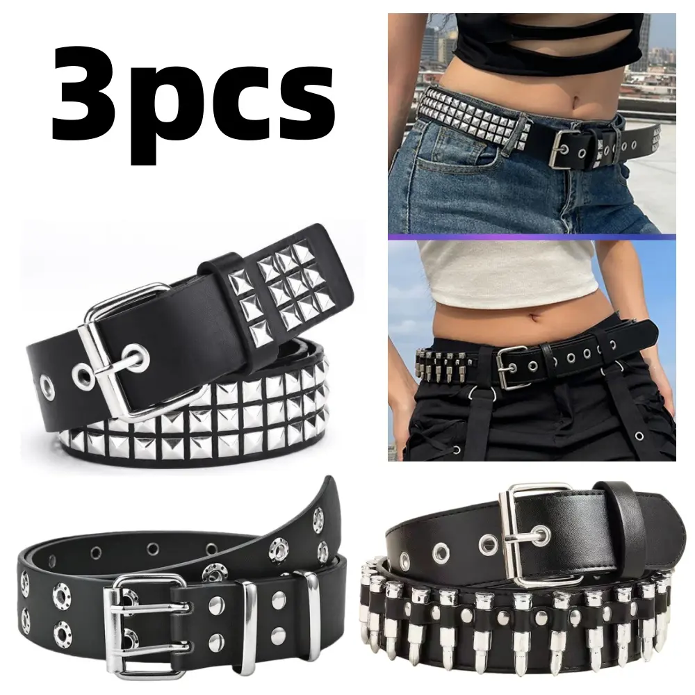 3 pcs Black Studded Belt Gothic Punk Rock Belts Bright Metal Y2K Belt with Bullet Bright Metal Pyramid Cool Belts for Women Men