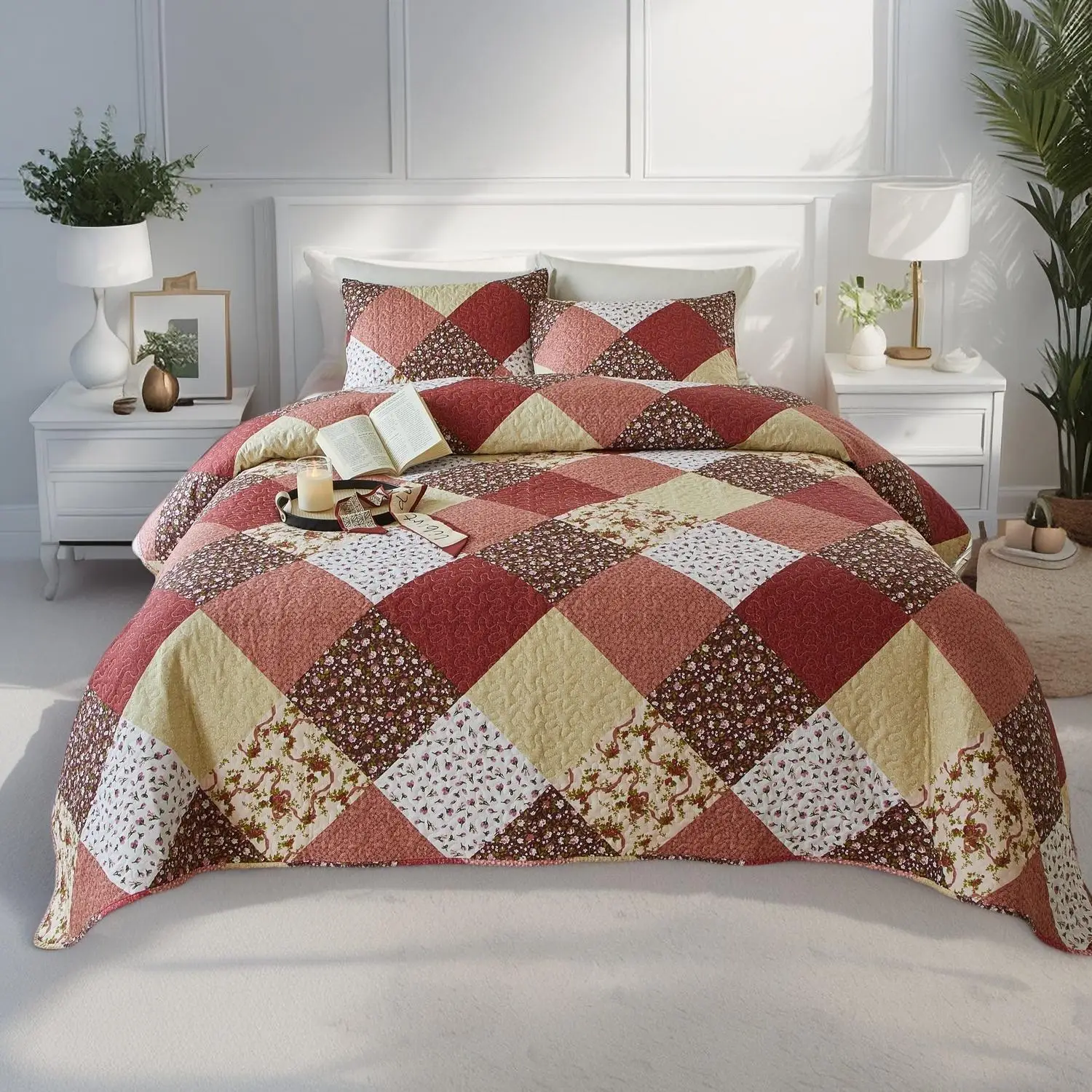 Patchwork Plaid Pattern Bedspread Set, Including 1 Count Bedspread & 1/2 Counts Pillowcase, Soft Bedding Coverlet Set for Home Bedroom