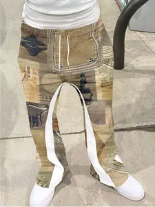 Men's Vintage Distressed Bell Bottom Fitted Pants, Luxury Denim Print Drawstring Sports Long Pants, 3D Soft Breathable Fabric, Casual Daily Wear, Chic Comfy Pants