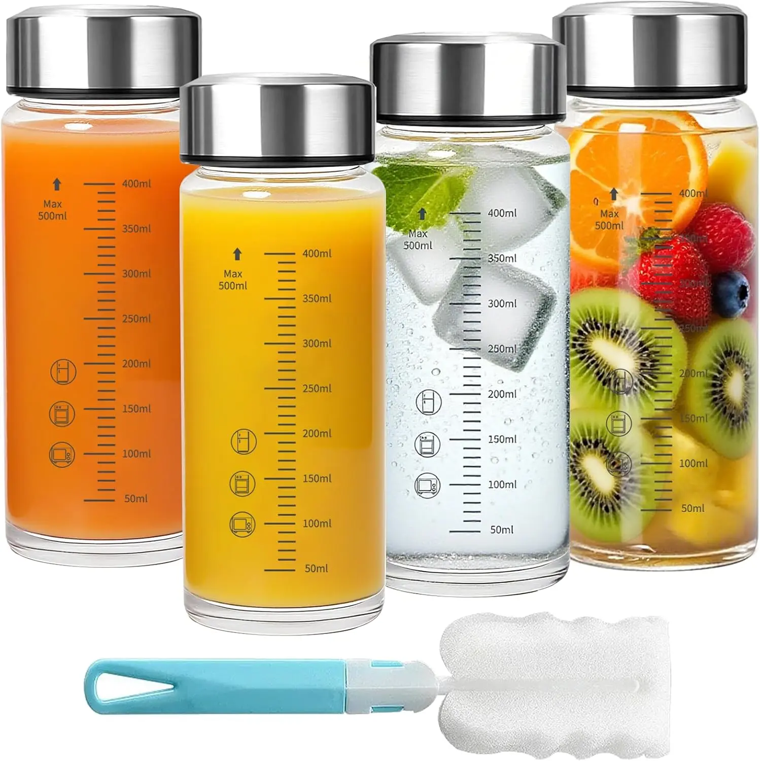 16oz Juice - 4 Pack Wide Mouth with Lids- BPA Free, Borosilicate Stainless Lids for Juicing, Smoothies, Infused, Beverage