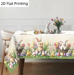 Easter Tablecloth with Bunnies Lambs Chicks Eggs Tulips & Bamboo Basket Design for Spring Summer Decor Indoor Outdoor Easter Parties Home Farmhouse Decor collection print polyester chic