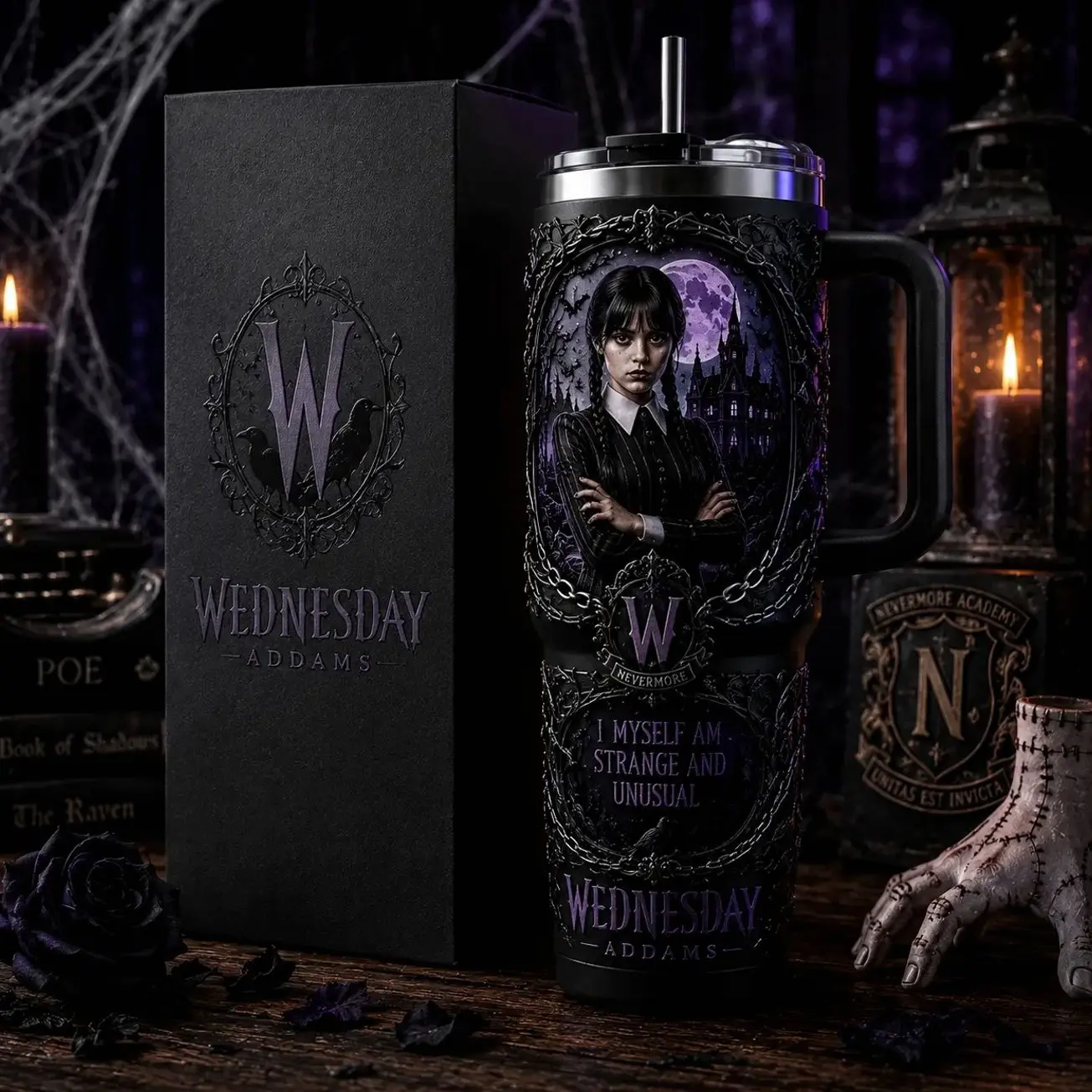 OceanSip4U Wednesday Addams 40oz Stainless Steel Tumbler with Handle, Vacuum Insulated Travel Mug, Gothic Halloween Cup, Nevermore Academy Inspired Tumbler, Spooky Gift for Wednesday Fans