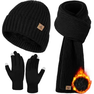 3 PCS Winter Hat Scarf Gloves Set Soft Warm Knit Beanie Hat Touchscreen Gloves Long Knitted Scarf Set Winter Gifts for Men