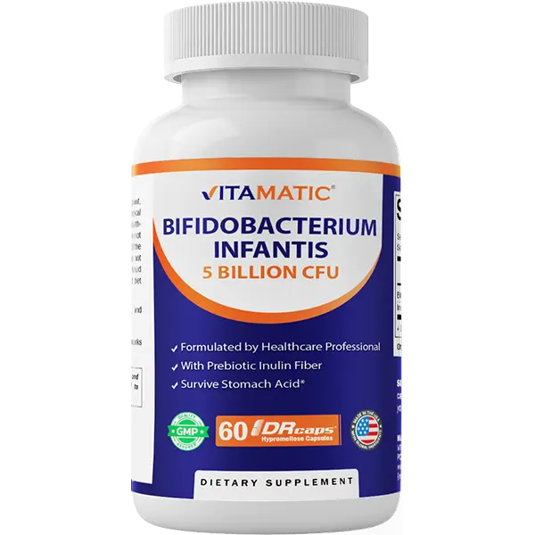 Vitamatic Bifidobacterium Infantis Natural Dietary Supplement - 5B CFU (5B per DR) Capsules, 60 Count per Package, Lactose-Free, Sugar-Free, Prebiotic Inulin Fiber for Gut & Digestive Health Support, 5 Billion Per Dr