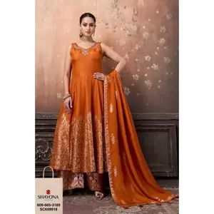 Premium Designer Muslin Silk Banarasi Anarkali Dress – Dusty Orange & Onion Pink