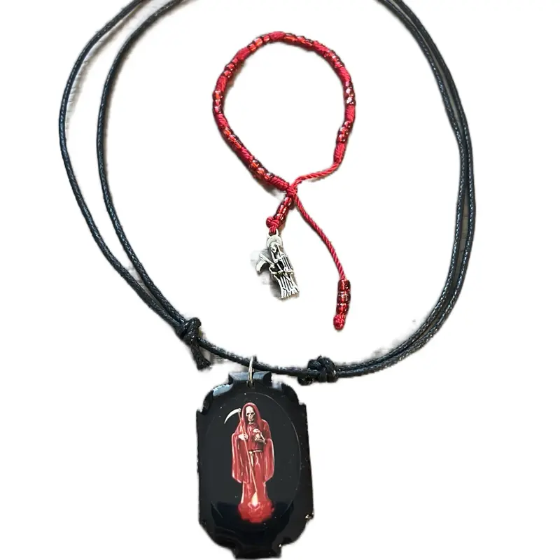 Red Santa Muerte necklace and bracelet unisex matching set. Adjustable sizes on both.