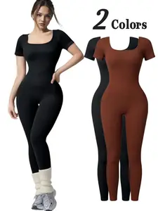 Women's Fashion Versatile Yoga Jumpsuit, Workout Jumpsuit, Sporty Fitness Short Sleeve Onesie, Large Collar Slim Fit, Indoor Outdoor Wear, All Seasons, Sporty Comfy Jumpsuit