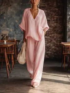 Two Piece Set Women Summer Outfit 2026 – V Neck Loose Short Sleeve Top & Wide Leg Pants, Casual Lounge Matching Set, Comfy Travel Outfit, Plus Size Friendly