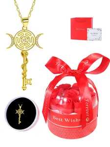 Hecate Key Necklace With Rose Basket Jewelry Gift Box, Copper Ankh Necklace, Triple Moon Goddess Pentagram Wheel Key Pendant Necklace, Witchcraft Tetragrammaton Amulet Jewelry Gifts for Women