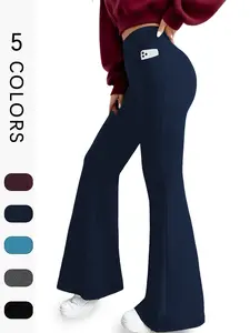 Women's Super Soft Flare Pants with Pockets, High Waisted Tummy Control Bell Bottoms,No See Through Workout Running Yoga Wear Athletic Solid Flare Leggings,Womens Clothing