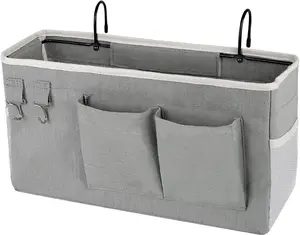 Bedside Storage Caddy Grey Hanging Bag with 3 Pockets for Headboards Bunk Beds Dorm Rooms Book Phone Magazine Holder Plain Design