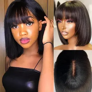 Glueless Bob Wig With Bangs Straight Short Human Hair 4x1 HD Lace Glueless Blunt Cut Silk Wear and Go Lace Wig Breathable for Black Women