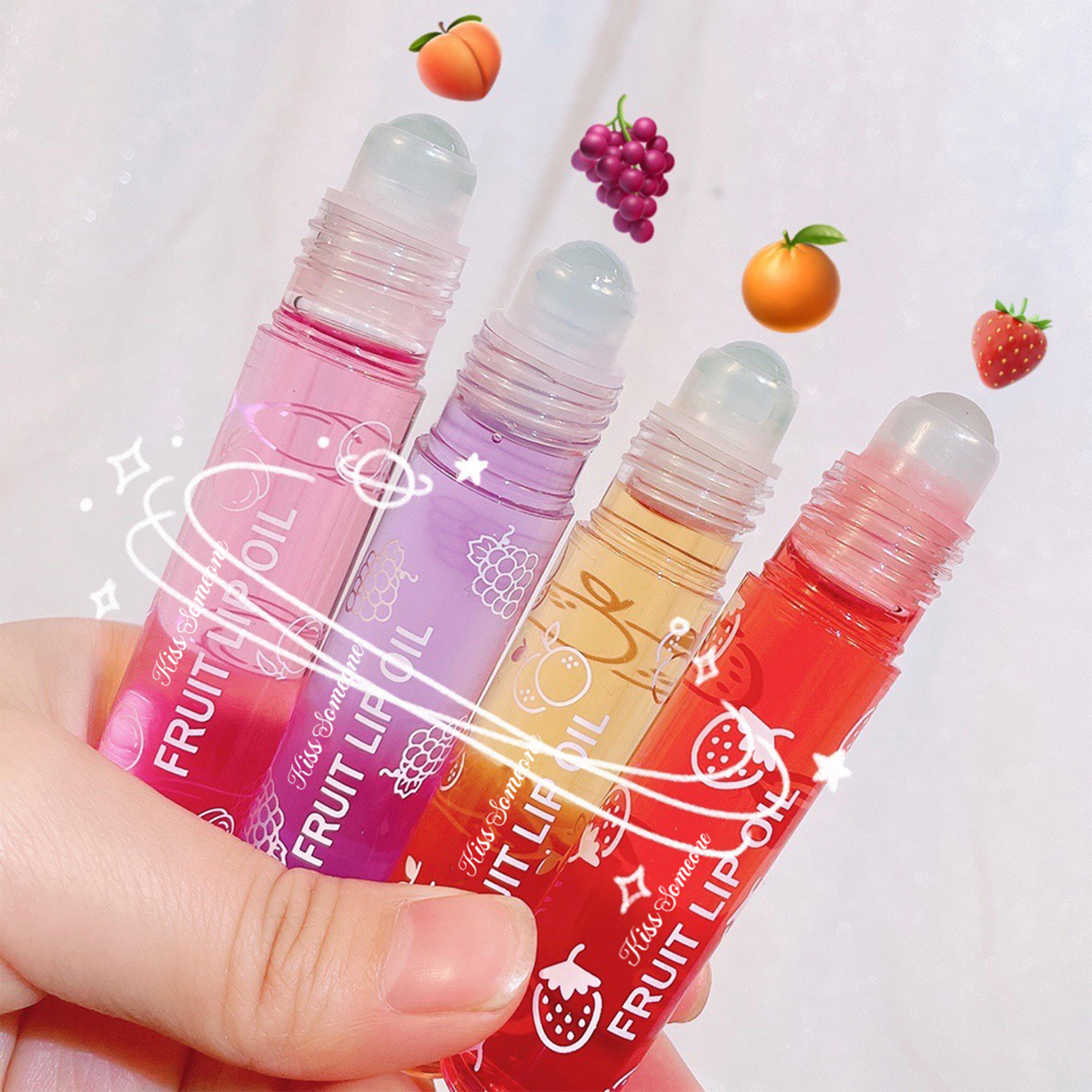 Hydrating Lip Oil Roller Gloss Juicy Glass Lips Non Sticky Moisturizing Lip Care Fruit Flavor Lip Gloss for Dry Lips Long Lasting Shine Strawberry Peach Grape Cherry