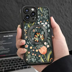 Floral Pop Socket Phone Case Black With Colorful Flowers And Leaves Design For Iphone 17 16  Air Plus  Max pro other model lovely  slim shockproof  pocket-friendly cellphone   protective soft tpu holiday best gift xr accessory protection aesthetic cover