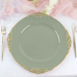 13" Round Dusty Sage Green Acrylic Charger Plates with Gold Embossed Baroque Rim - 6-Pack Antique Decorative Home Cutlery Tableware for Dinner Tables