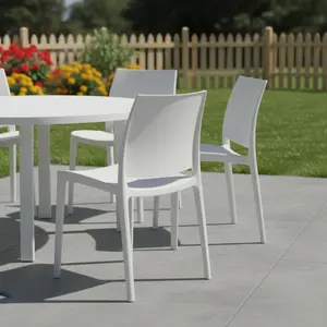 HomeRoots Armless Stackable Polypropylene Patio Chairs - Set of 4, 32.30x20.70x19.50 in White Heavy-Duty Home Outdoor Furniture, Armless Chairs, Polypropylene Chairs