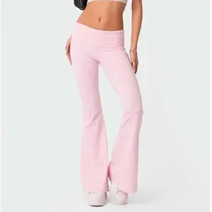 Women Flare Leggings Elastic Folded Waist Workout Yoga Pants Casual Slim Fit Bell Bottom Bootcut Sweatpants