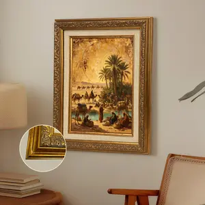 1 Count Vintage Gold Frame Canvas， Vintage Painting Desert Caravan Oasis Scene， Luxury Art， Fashion Decor， Suitable for Room Bedroom、Living Room、Home Corridor Wall Art， Gifts