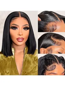 Short Bob Wig Human Hair Straight 13x4 Frontal HD Transparent Lace Front Wigs Human Hair Black Bob Wig for Women Pre Plucked 180% Density Natural Color 8-14 Inch