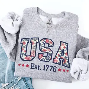 USA Floral T-Shirt Sweatshirt Hoodie 4th of July Varsity Style Patriotic Crewneck Cozy Gift for Independence Day Memorial Day Shirt Cotton Fabric