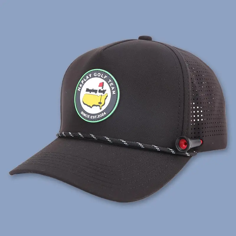Unisex outdoor golf/baseball cap made from waterproof, sun-protective fabric that stays dry and fits snugly on the head. Effortless to wear while playing golf, with small ventilation holes and a built-in Golf Tee Holder.