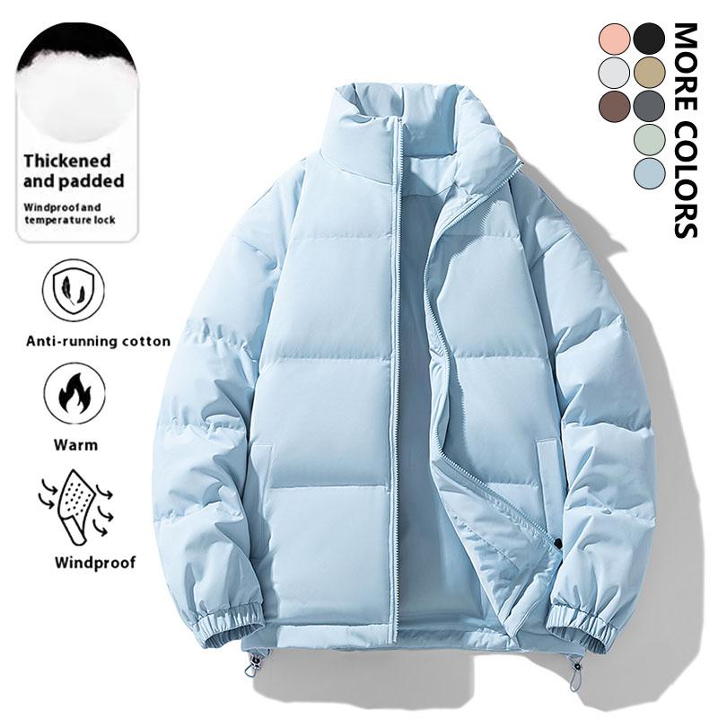 Men's Solid Color Thickened Zipper Drawstring Hem Jacket, Loose and Fluffy Coat, Autumn and Winter Casual Warm Windproof Pocket Duffle Collar Outerwear, Basic Street Style, Men's Winter Coat Thick Coat