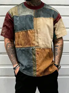 Men's Summer Digital Print Multi-Color Patchwork Round Neck T-Shirt, Casual Long Sleeve Top, Comfortable Outdoor Wear