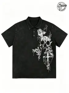 Unisex 100% Cotton Washed Vintage Gothic Skull All-Seeing Eye Cross Print Oversized Short Sleeve Polo Shirt | Y2K Dark Aesthetic High Street American Retro Streetwear Top