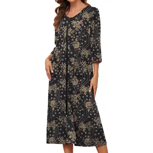 Zipper Front Robes for Women House Coat Half Sleeve Loungewear Long Nightgown with Pockets S-3XLGift