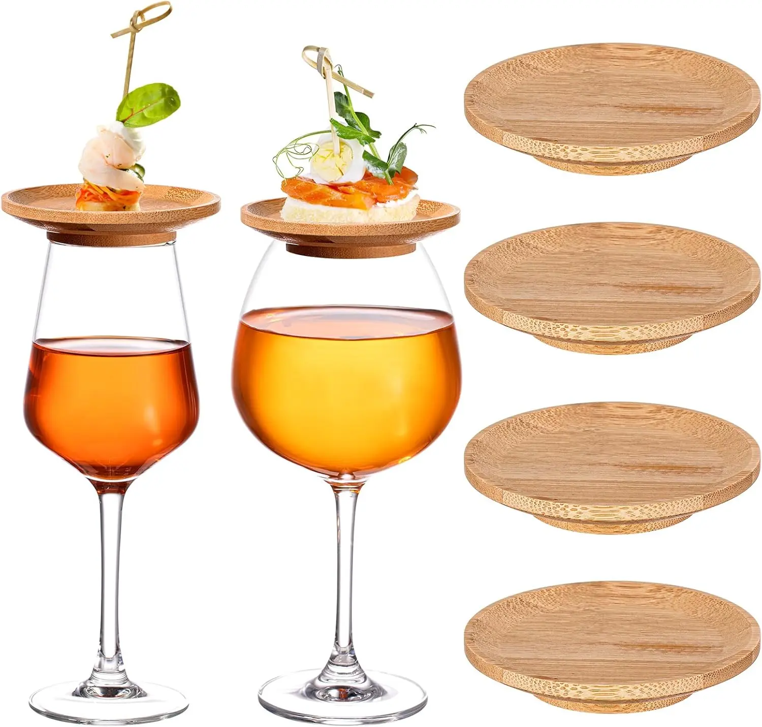 Tessco 4 Pcs 4" Wine Glass Charcuterie Topper Bamboo Round Wine Glass Charcuterie Board Topper Dual Use Wine Glass Topper Appetizer Plates for Family Gatherings Bars Restaurants