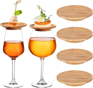 Tessco 4 Pcs 4" Wine Glass Charcuterie Topper Bamboo Round Wine Glass Charcuterie Board Topper Dual Use Wine Glass Topper Appetizer Plates for Family Gatherings Bars Restaurants