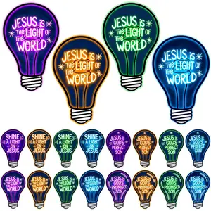 16 Pcs 2026 VBS Light Bulb Cutouts Illumination Decorations 7.8x12.2 Inch Christian Jesus Neon Light Bulb Paper Cutout Set for VBS Church Bulletin Board Craft Classroom Wall Decor