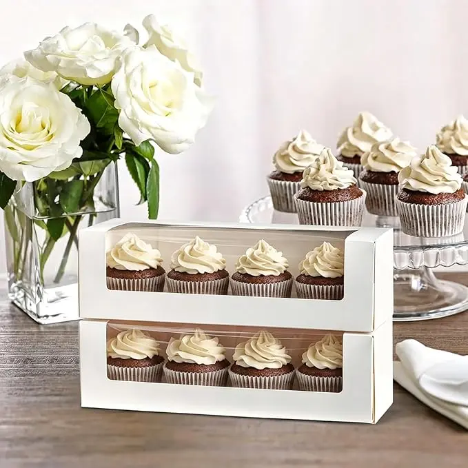 24 Pack White Bakery Boxes with Window, Roll Cake Boxes, Rectangle Paper Boxes for Pastries, Desserts, Muffins, Donuts