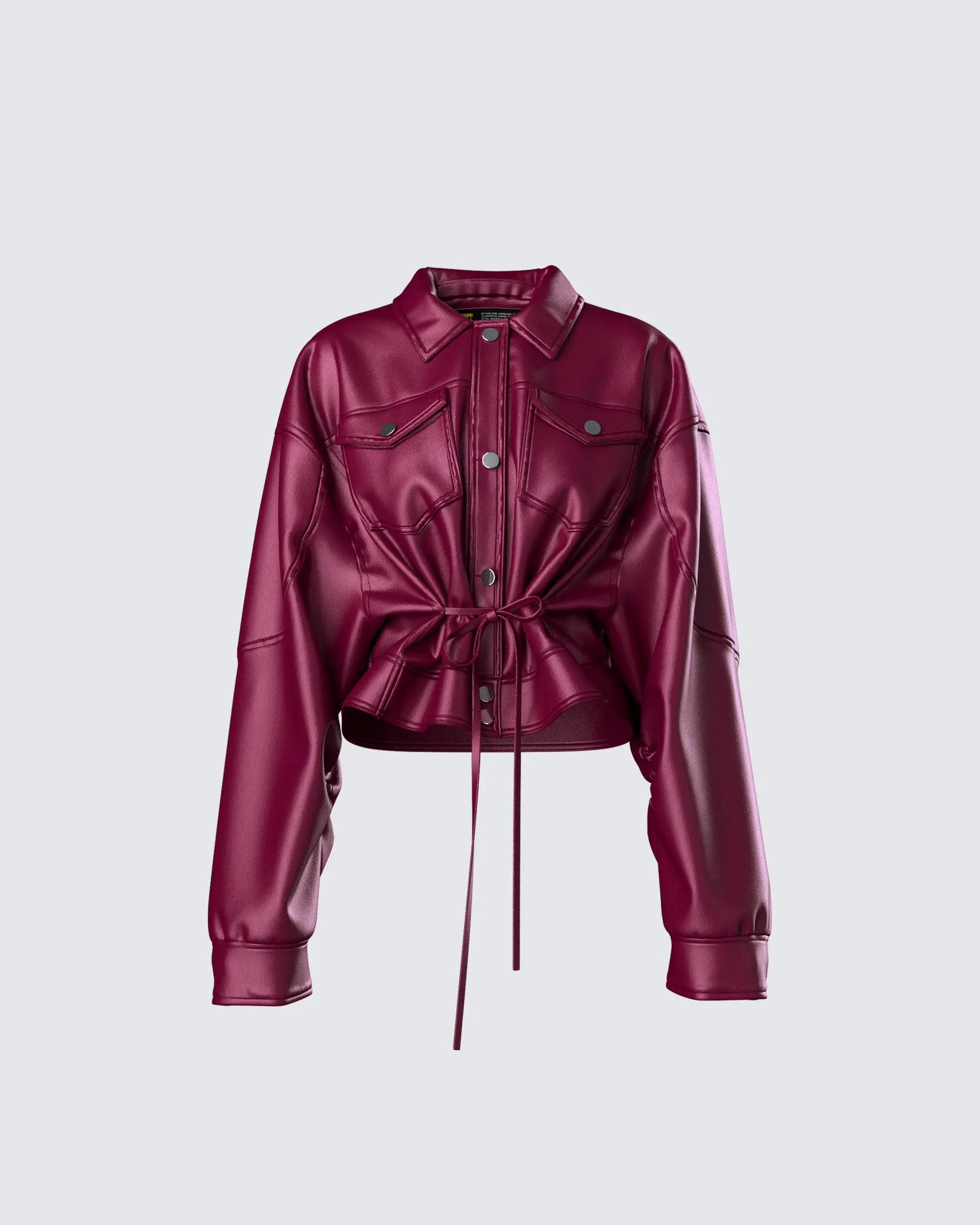 Women's Maroon Loose-Fitting Cropped Oversized Jacket - Vegan Leather & Faux Leather Tops-Coats Hybrid with Belt, Snaps, Pockets (XS Available), Basic